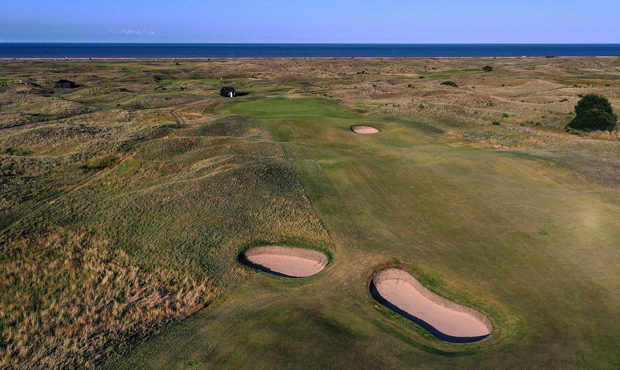 An aerial view of the approach to the second green
